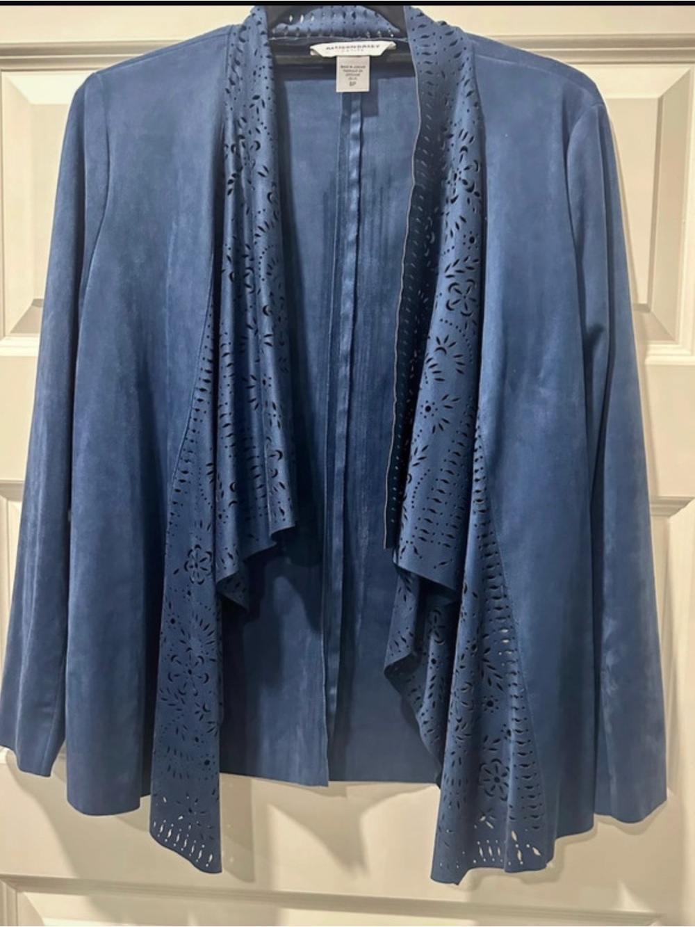 Allison Daley Blue Laser-Cut Suede Drape Jacket